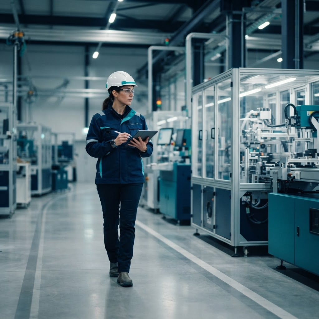 Especialista en seguridad inspeccionando una instalación industrial moderna